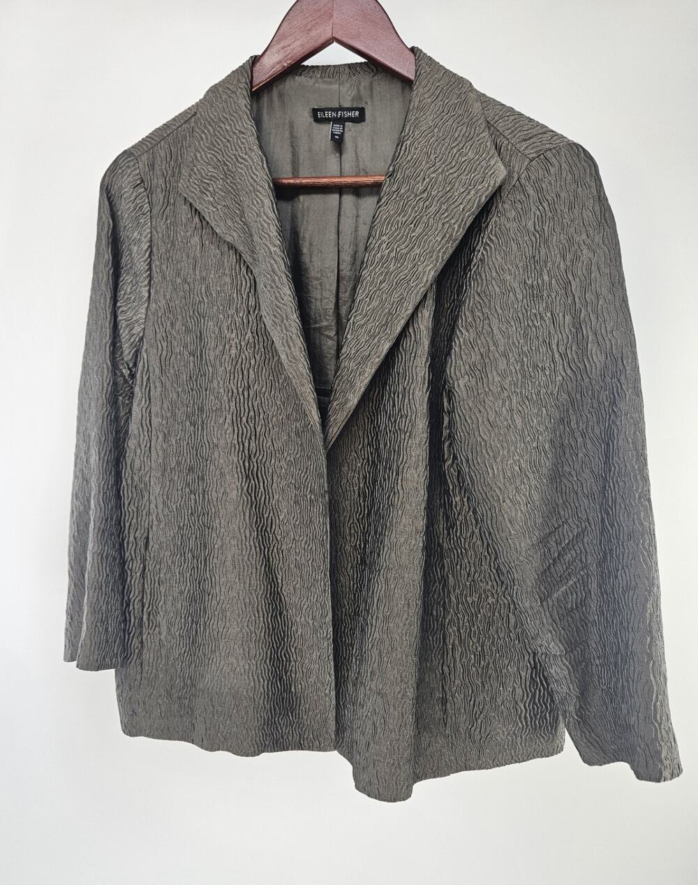 Eileen Fisher Women’s M Gray Textured Crinkle Open Front Blazer Jacket